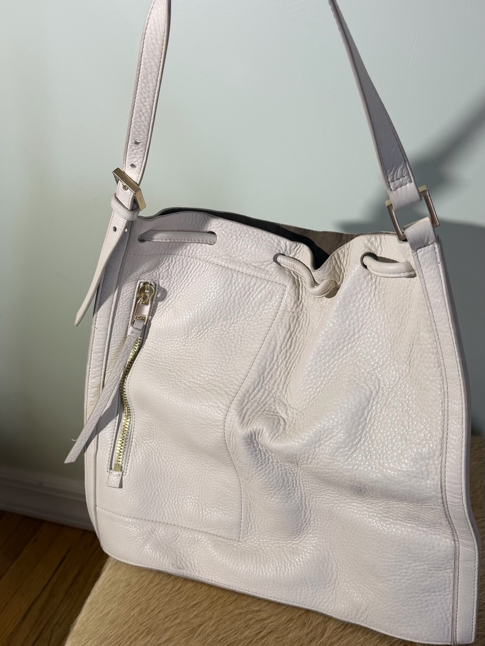 AllSaints White Pebbled Leather Shoulder Bag with Gold Zip